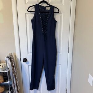 Navy Jumpsuit with Lace Up Front